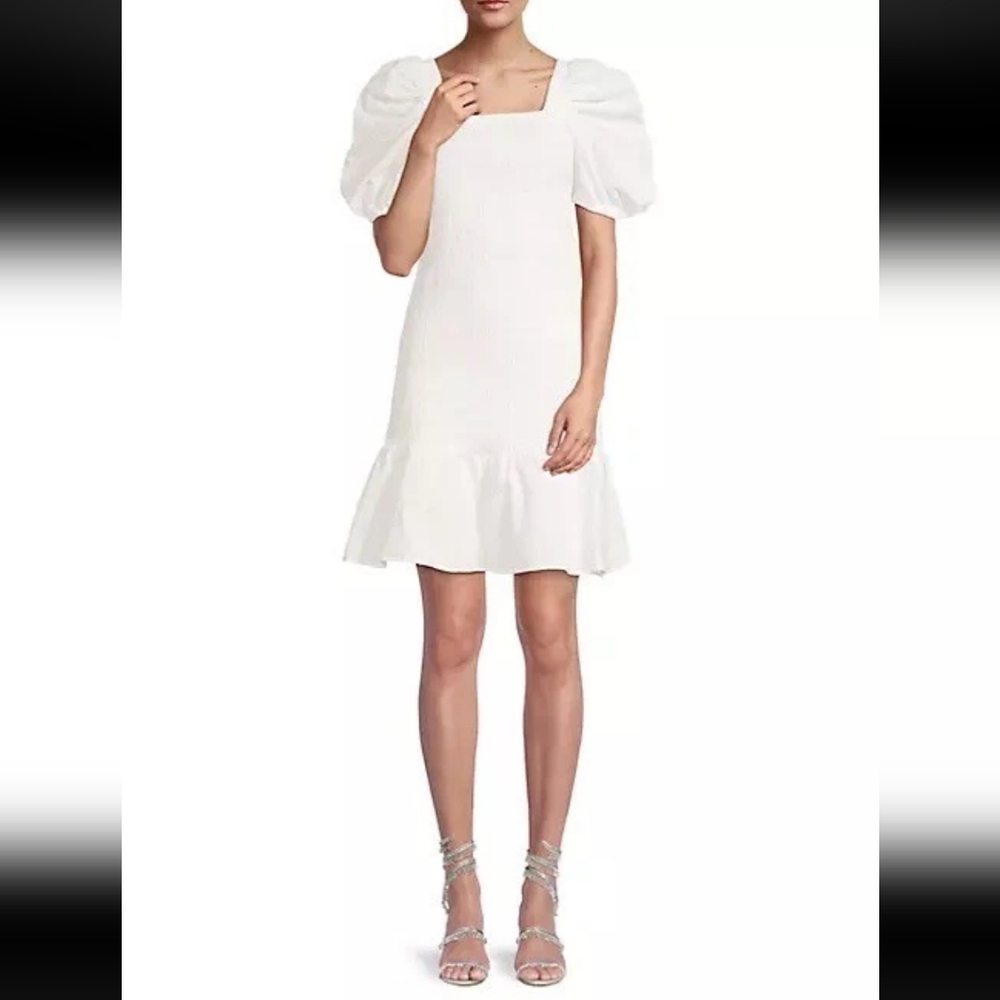 RACHEL PARCELL Smocked Puff-Sleeve Cotton Minidress Small Embroidered White S